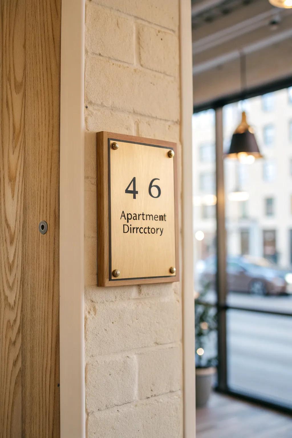 A small, handcrafted lobby directory sign that makes any apartment entry feel polished.