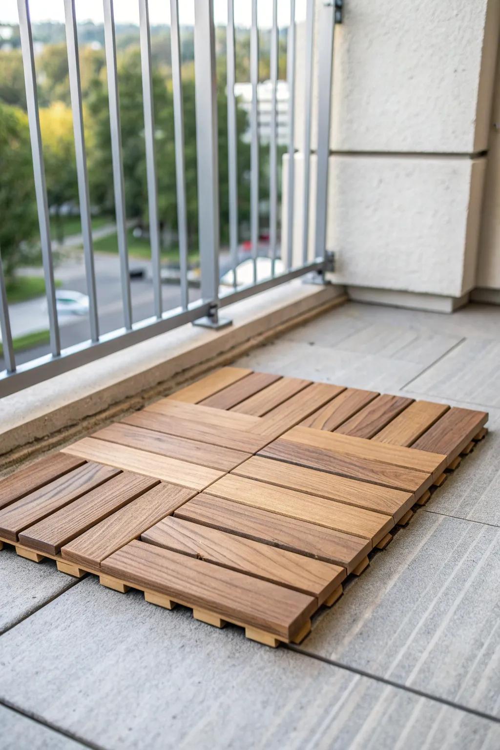 Snap-together deck tiles instantly create a warm, “real” floor for the tiniest balcony.