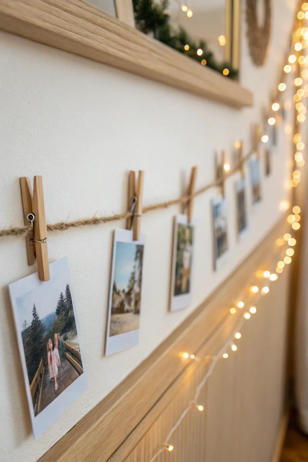A cozy photo line with warm string lights—minimal, boho-soft, and perfect for small walls.