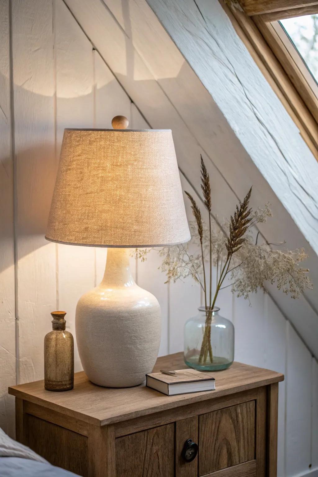 Skip harsh ceiling lights—use warm task lamps to make attic corners glow softly.
