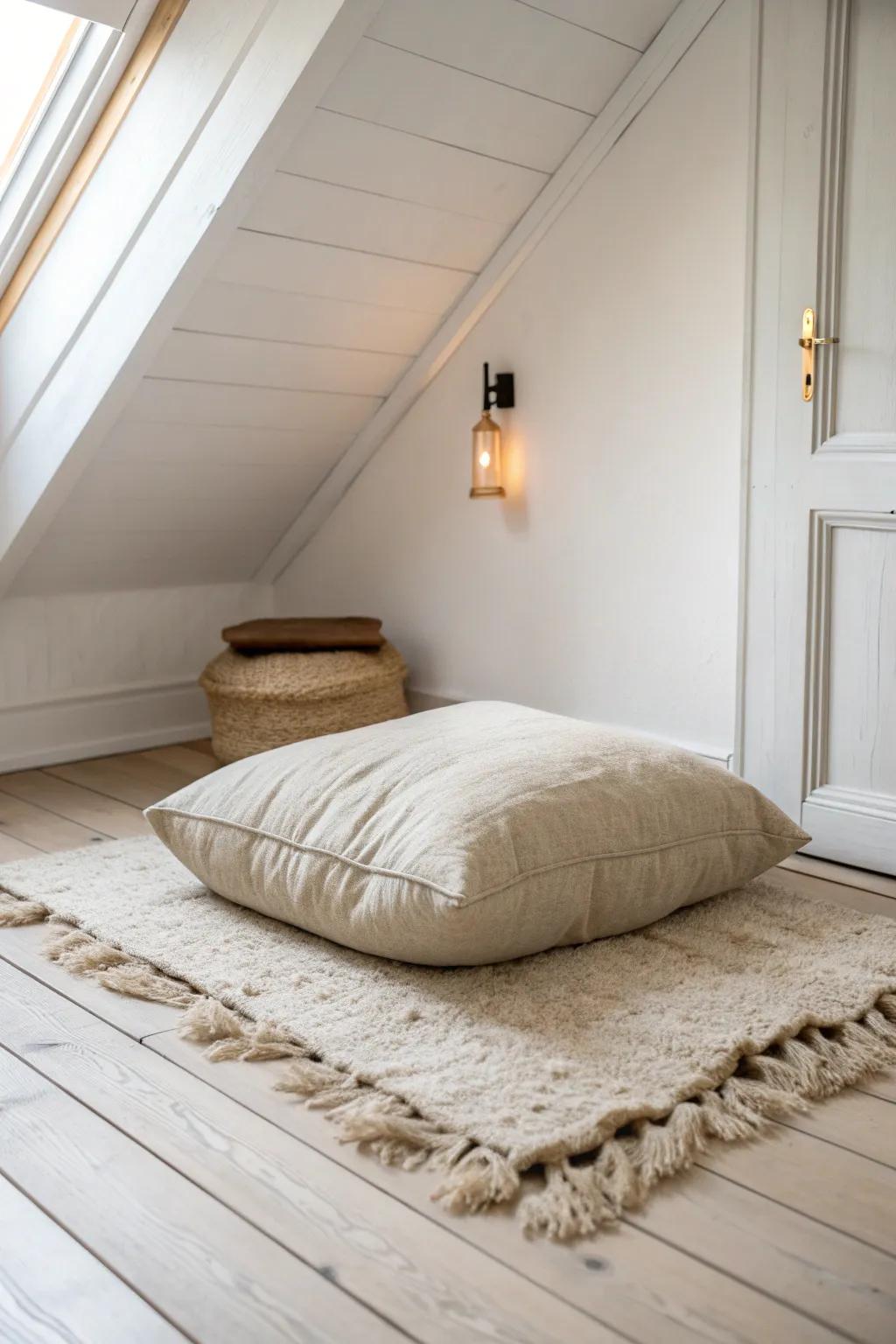 A snug attic reading nook: one linen floor cushion, warm sconce light, and soft wool rug.