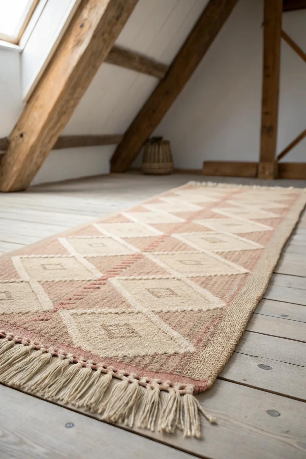 Layered rugs instantly turn a long attic loft into cozy zones for sleep, work, and lounge.