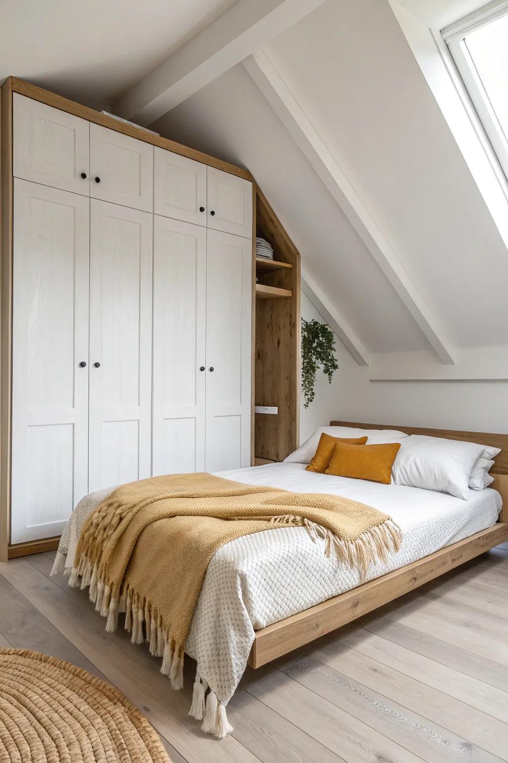 A slim fold-down mattress turns an attic nook into a cozy, company-ready sleepover spot.