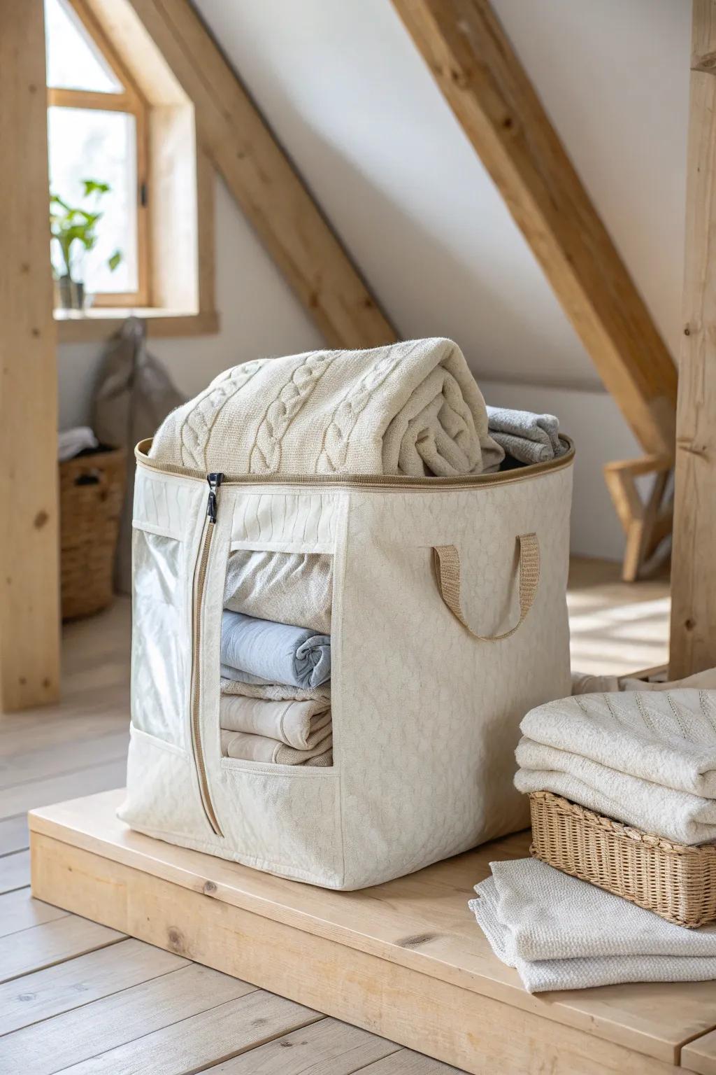 Breathable zippered bags keep sweaters dust-free and fresh—perfect for attic storage.