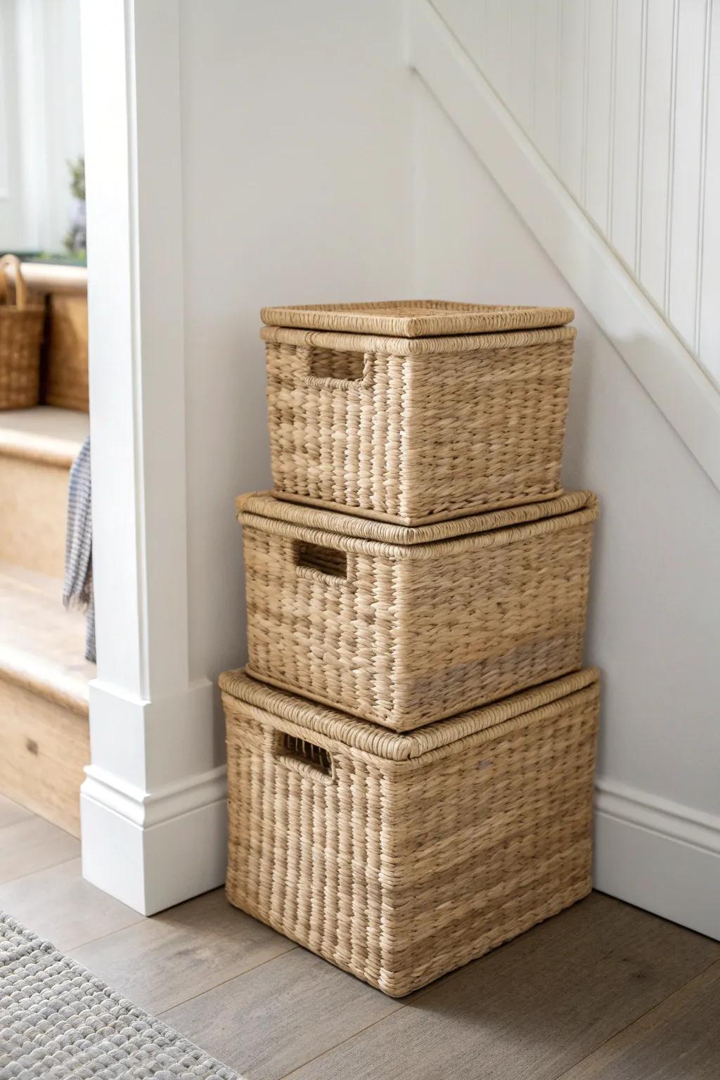 Turn an awkward corner into a chic seasonal stash zone with stacked lidded bins.