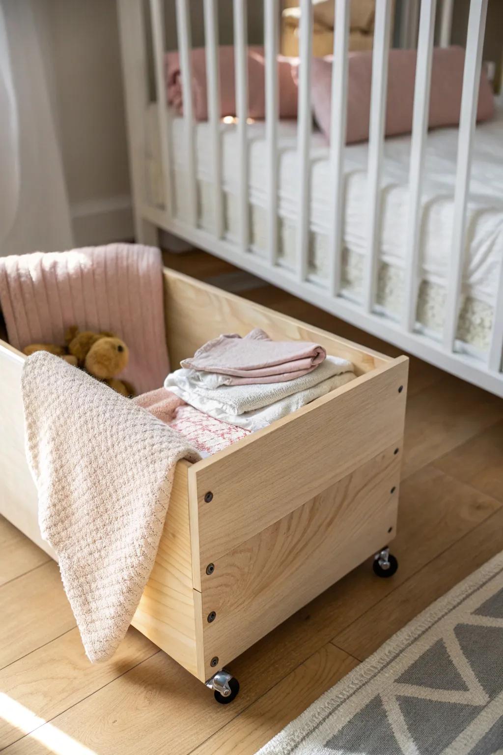 A slim rolling bin under the crib keeps diapers and extra sheets tidy in tiny nurseries.