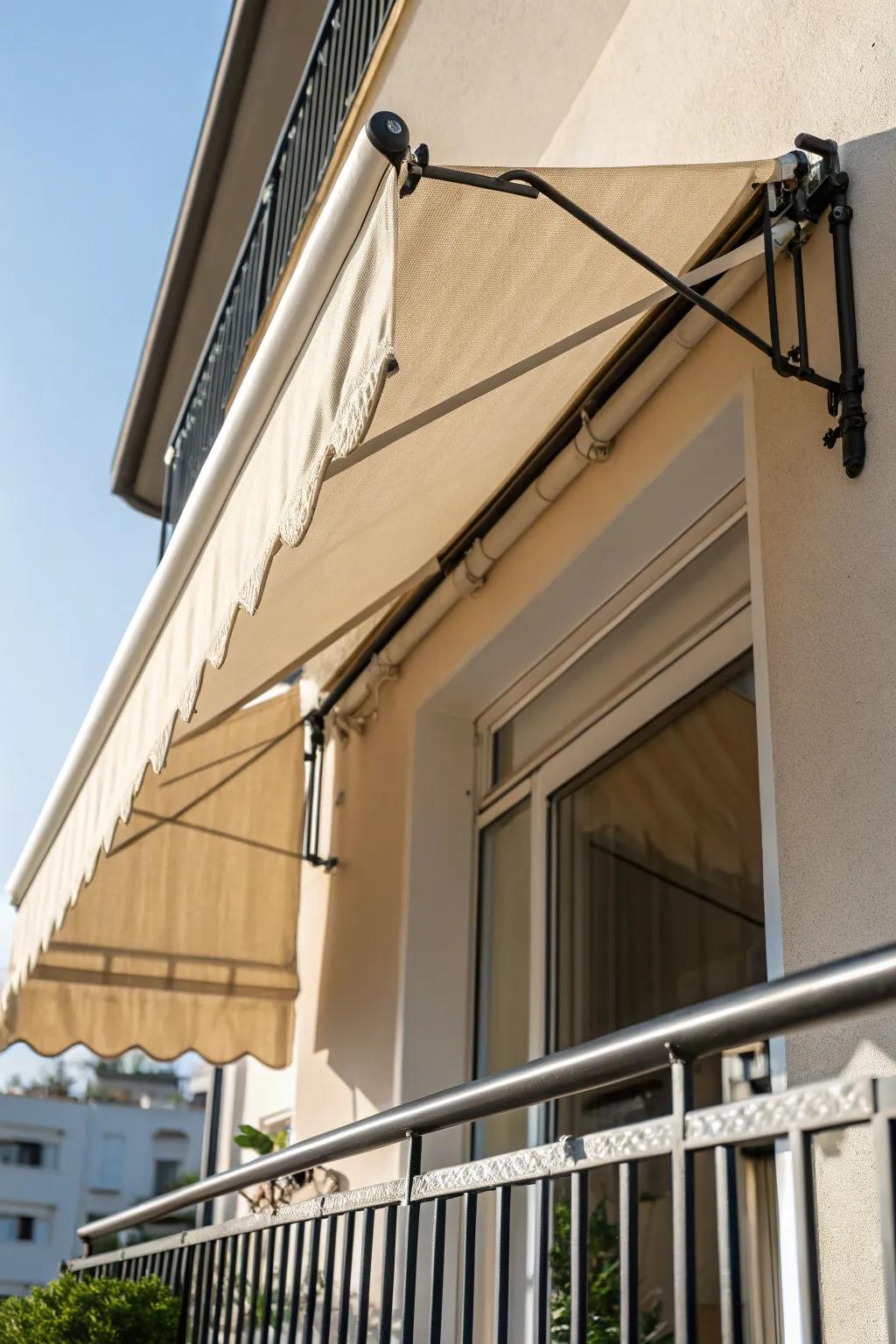Railing-attached mini awning: instant shade for a tiny balcony bistro nook—no wall mounts needed.