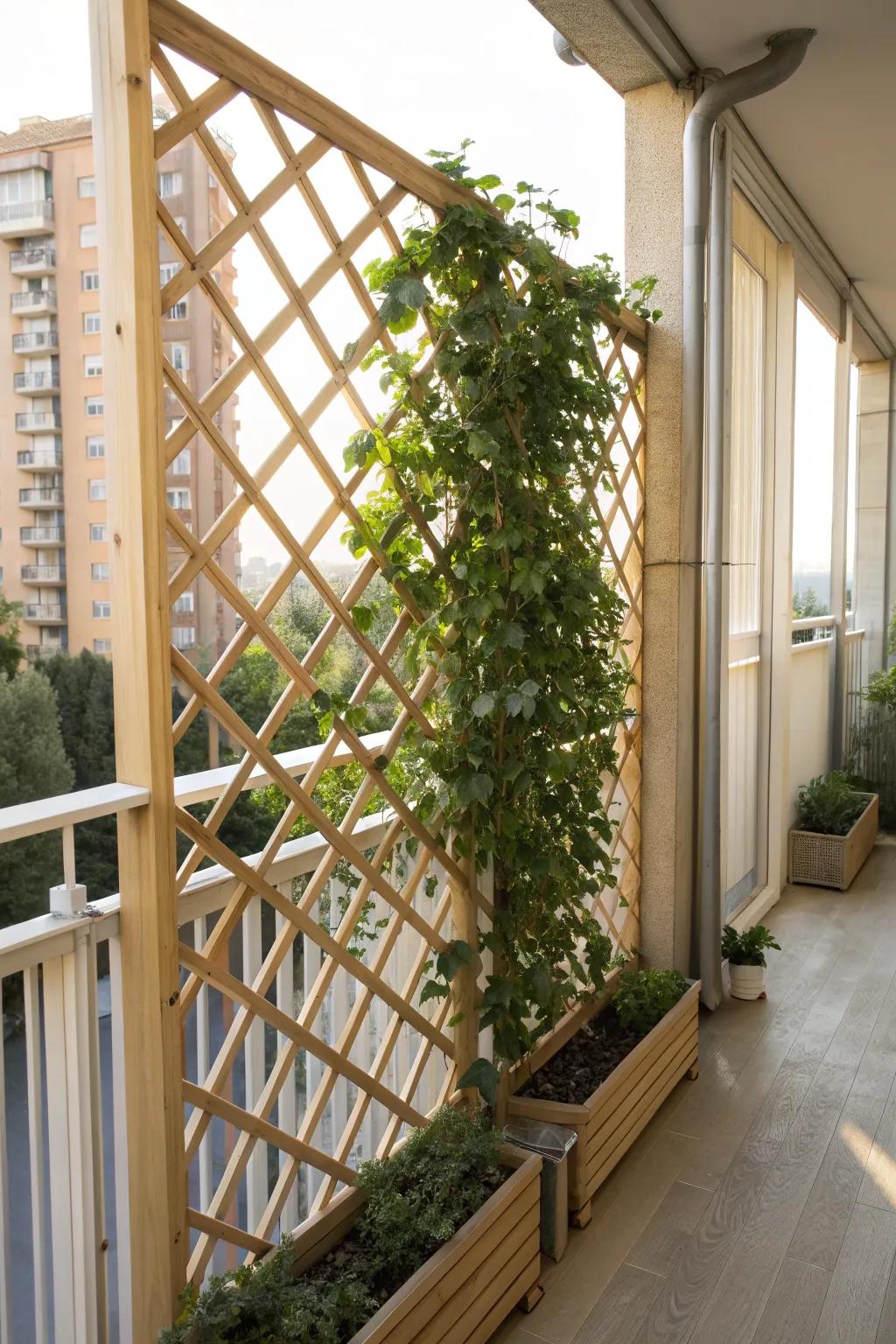 Airy lattice panel + climbing greenery—privacy that stays light and beautifully boho.