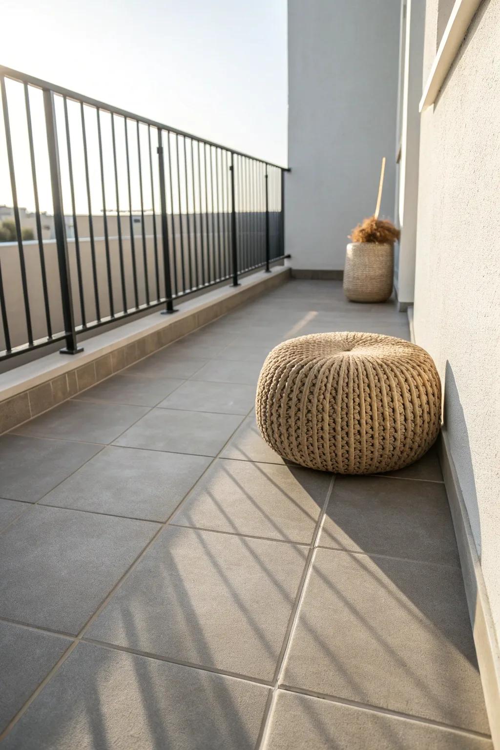 Concrete-look tiles + a woven pouf = sleek minimal balcony that feels instantly bigger.