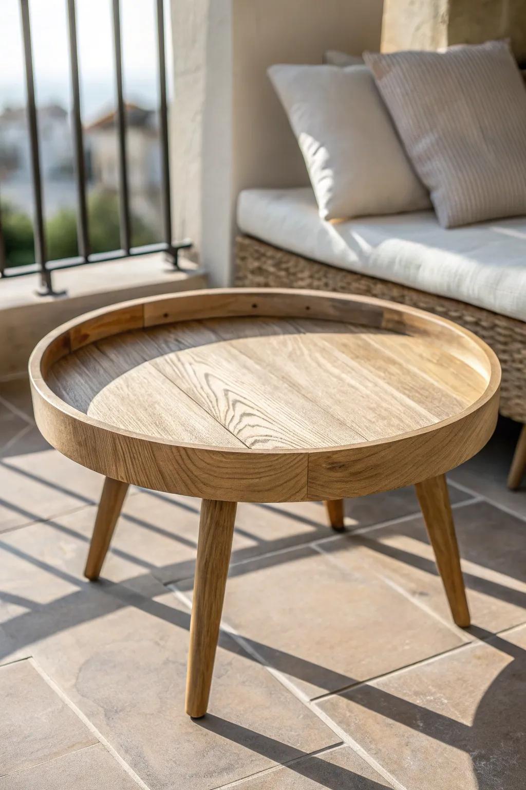 A low tray table and floor cushions create a tucked‑away balcony lounge with cozy privacy.