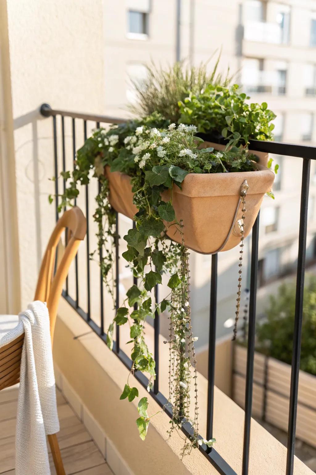 Clip-on rail planters create a lush green border—without sacrificing precious balcony floor space.