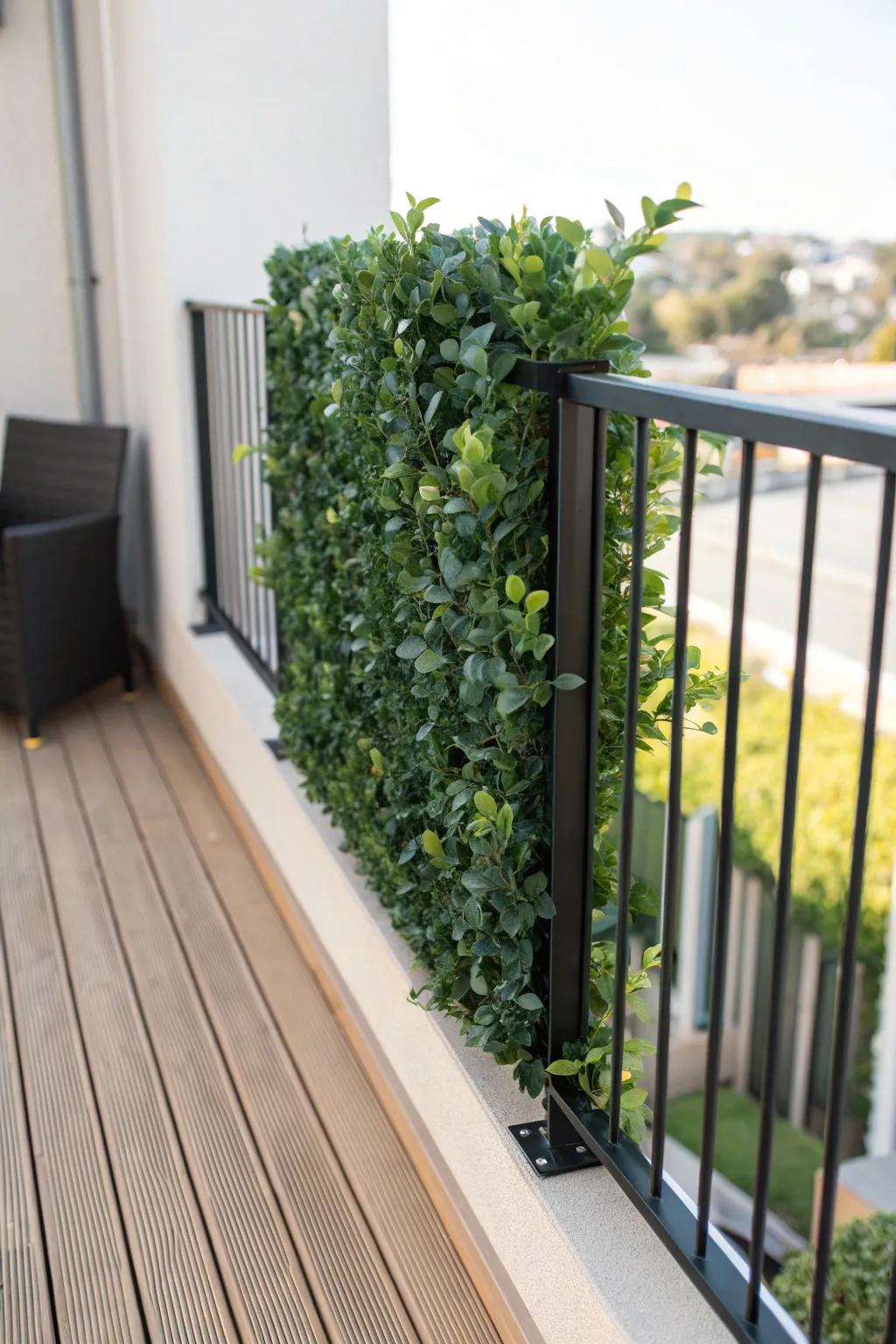 Instant balcony privacy: a lush faux greenery panel that looks real—no watering required.