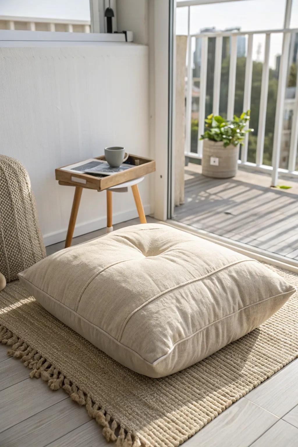 Low floor cushion lounge: cozy balcony seating without crowding the view—soft, minimal, inviting.