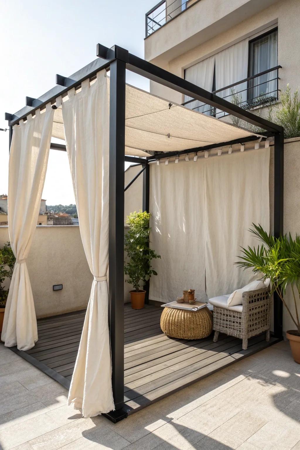 Retractable linen canopy pergola—shade on demand for small balconies, with airy Scandinavian style.
