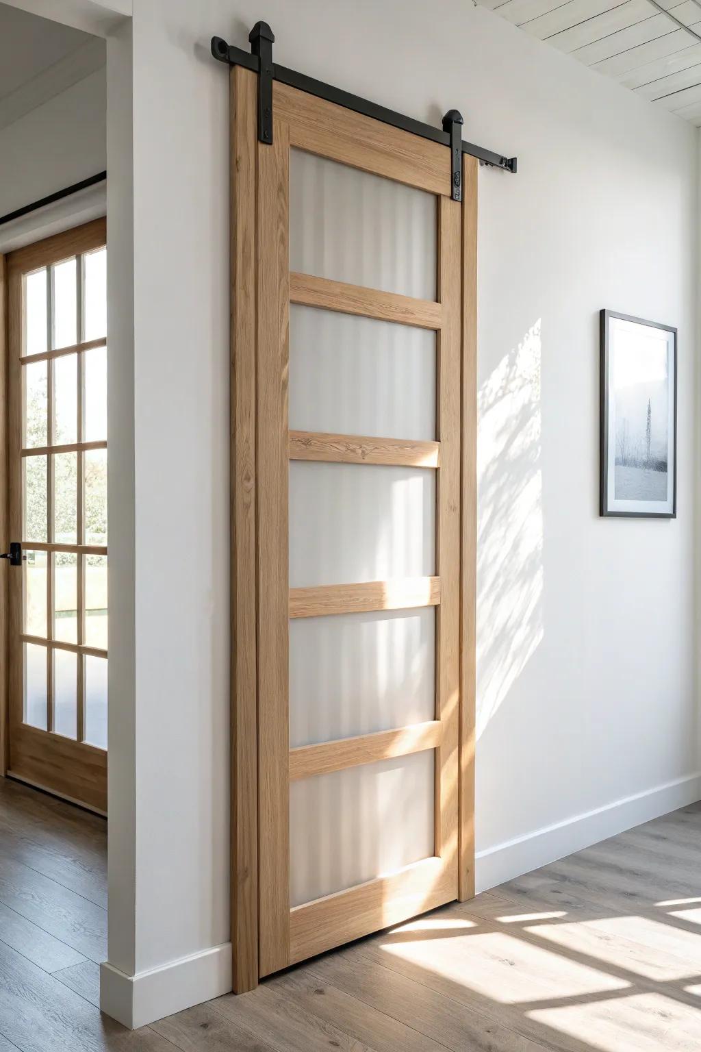 Frosted glass barn door: privacy for the closet, but the wall feels lighter and airy.