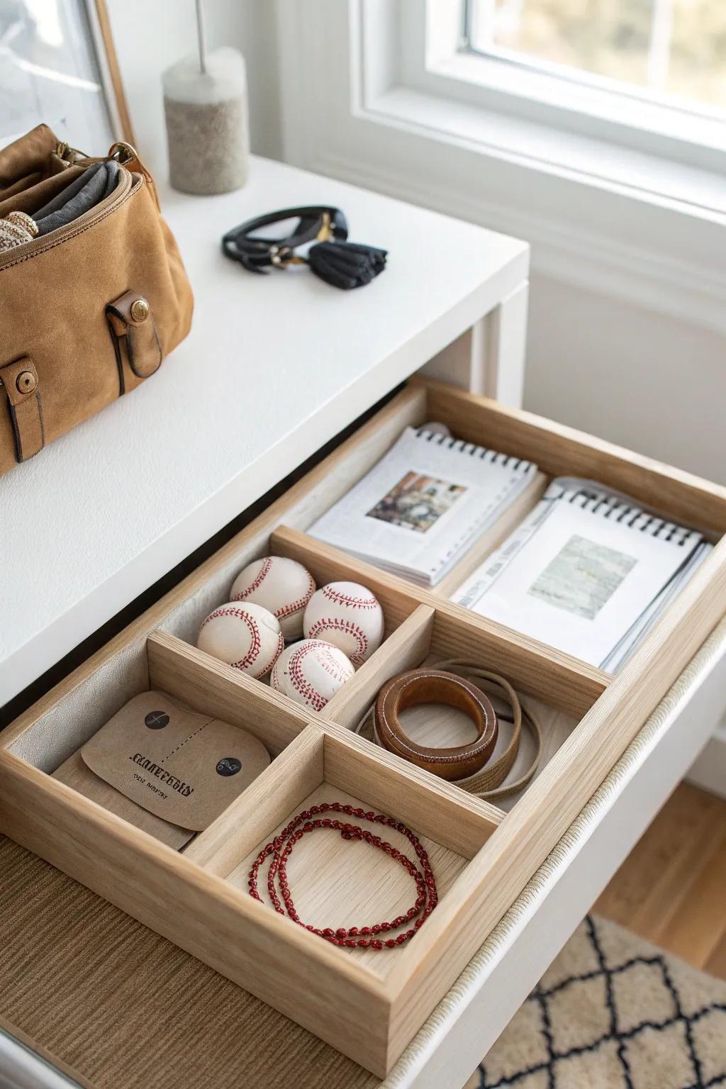 Keep baseball accessories from disappearing with a chic divided drawer insert in light oak.