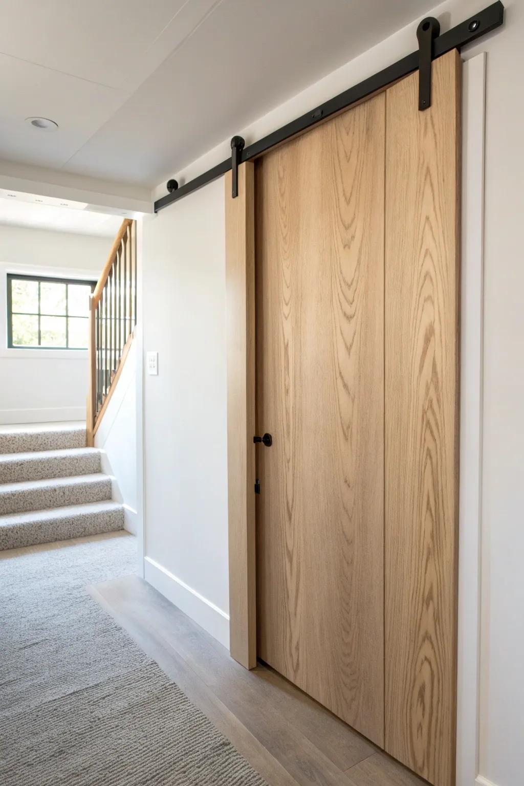 Swap swing doors for a sliding closet door to keep tight basement hallways open and chic.