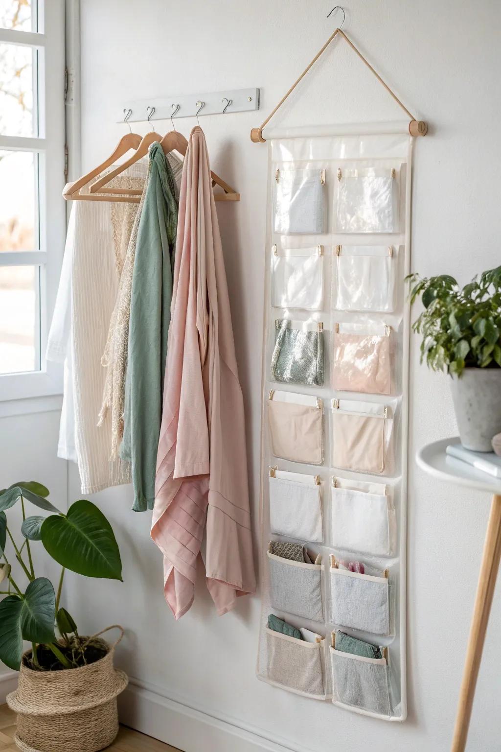 Clear pocket organizer: each suit gets its own slot—no folding, no drilling, so tidy.