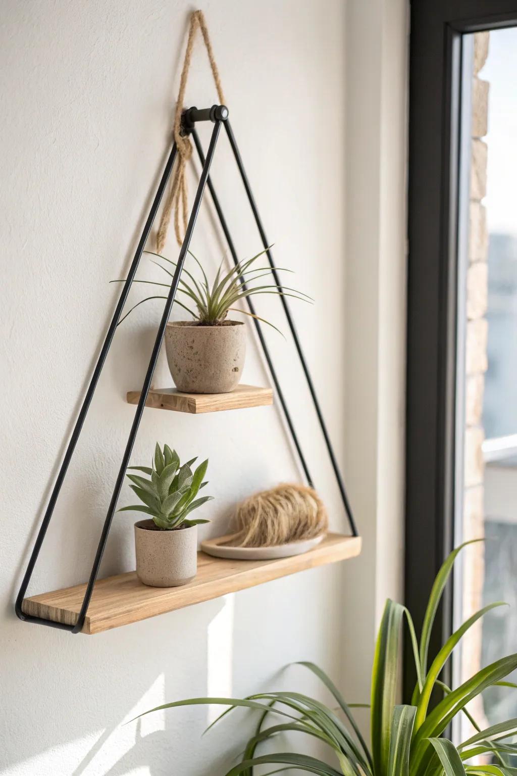 A sleek triangle shelf elevates one air plant for modern, splash-safe bathroom styling.