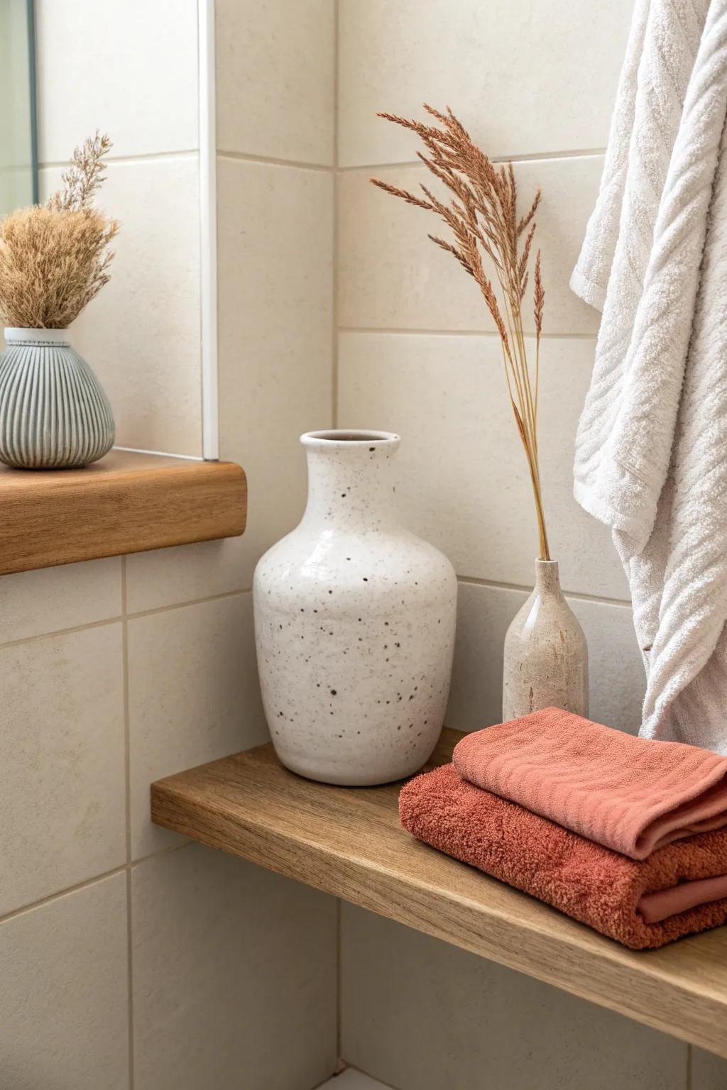 Light neutral walls + one coral accent turns a tiny windowless bathroom into a calm retreat.