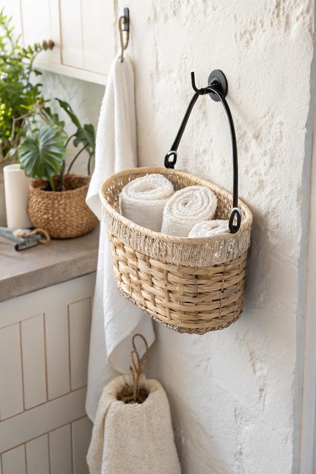 Wall-hung woven basket: a chic, space-saving spot for washcloths or extra toilet paper.