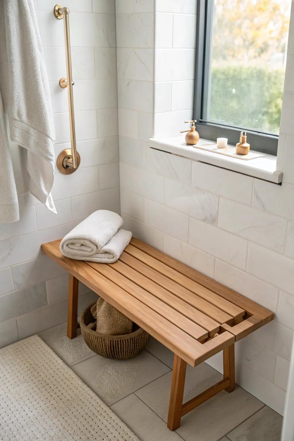 Fold-down shower bench in warm teak—space-saving comfort for the tiniest minimalist bathrooms.