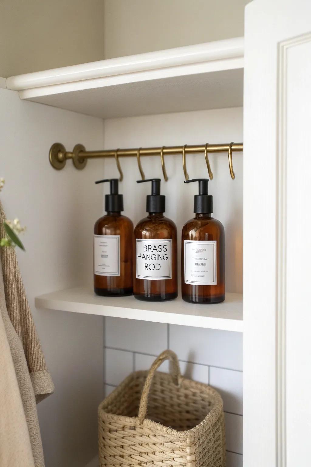 A short hanging rod keeps spray bottles tidy in an open bathroom closet—no shelf needed.