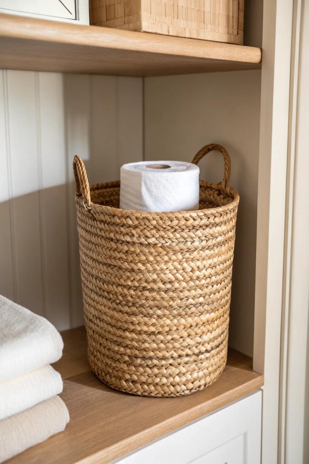 Corral toilet paper in a tall woven basket for a calm, clutter-free bathroom closet.