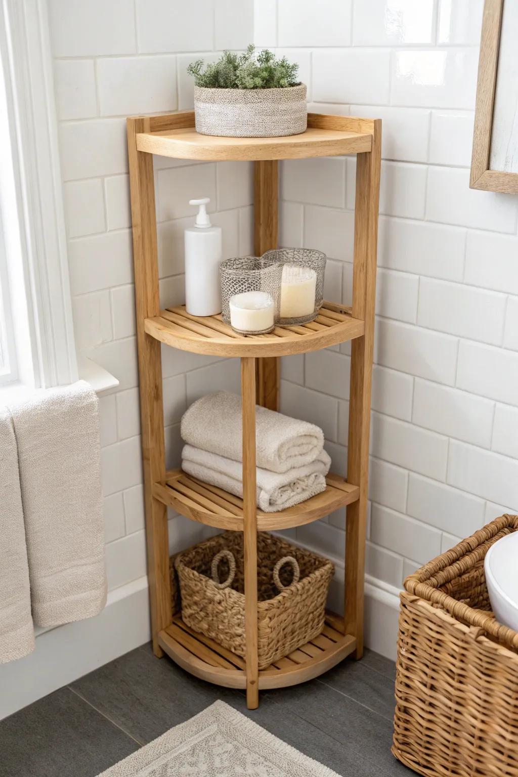 Freestanding corner tower shelf: baskets below, candle + towels above—small-bath storage made chic.