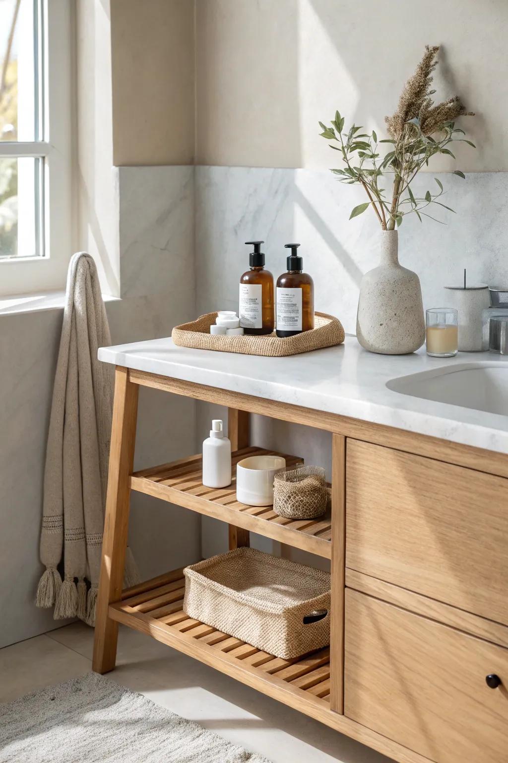 Add a counter riser shelf to double your vanity space—pretty, practical, and rental-friendly.