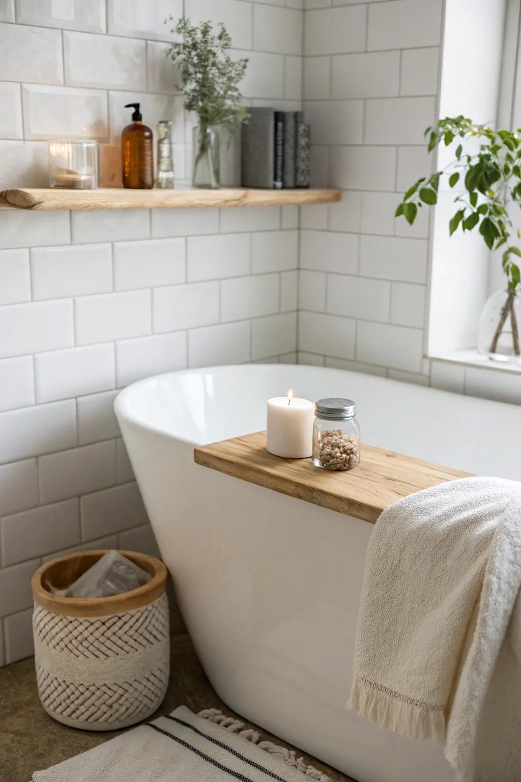 A simple floating shelf above the tub turns bath essentials into an instant spa moment.