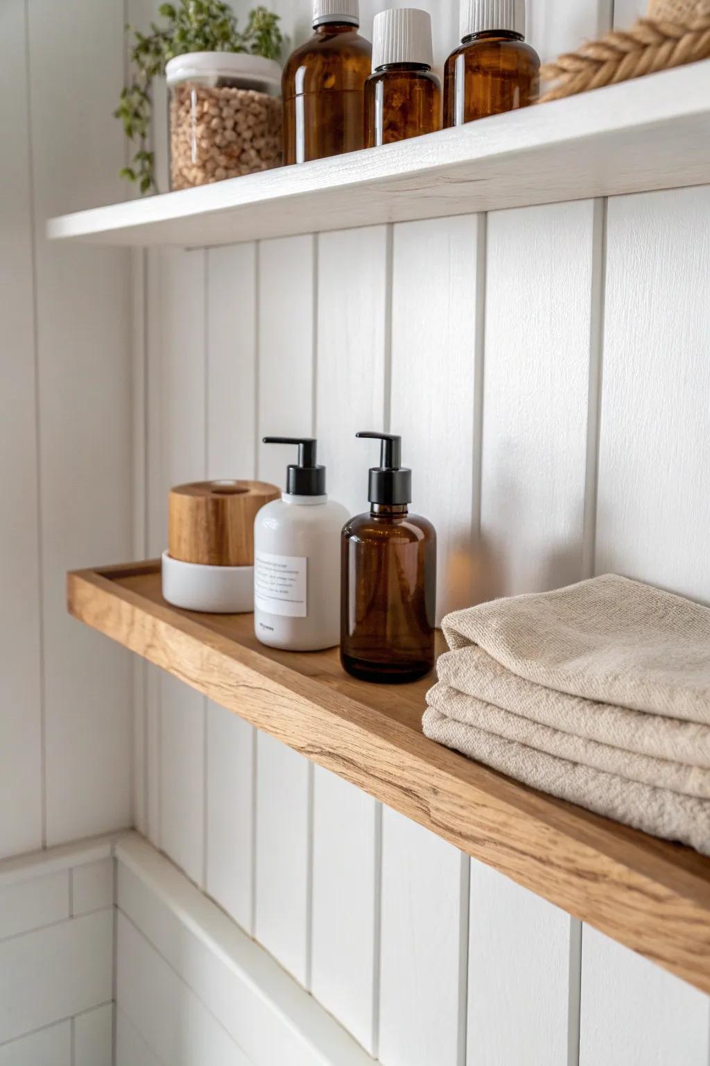 Floating shelf inside the linen closet—no more wobbling bottles, just calm, curated storage.