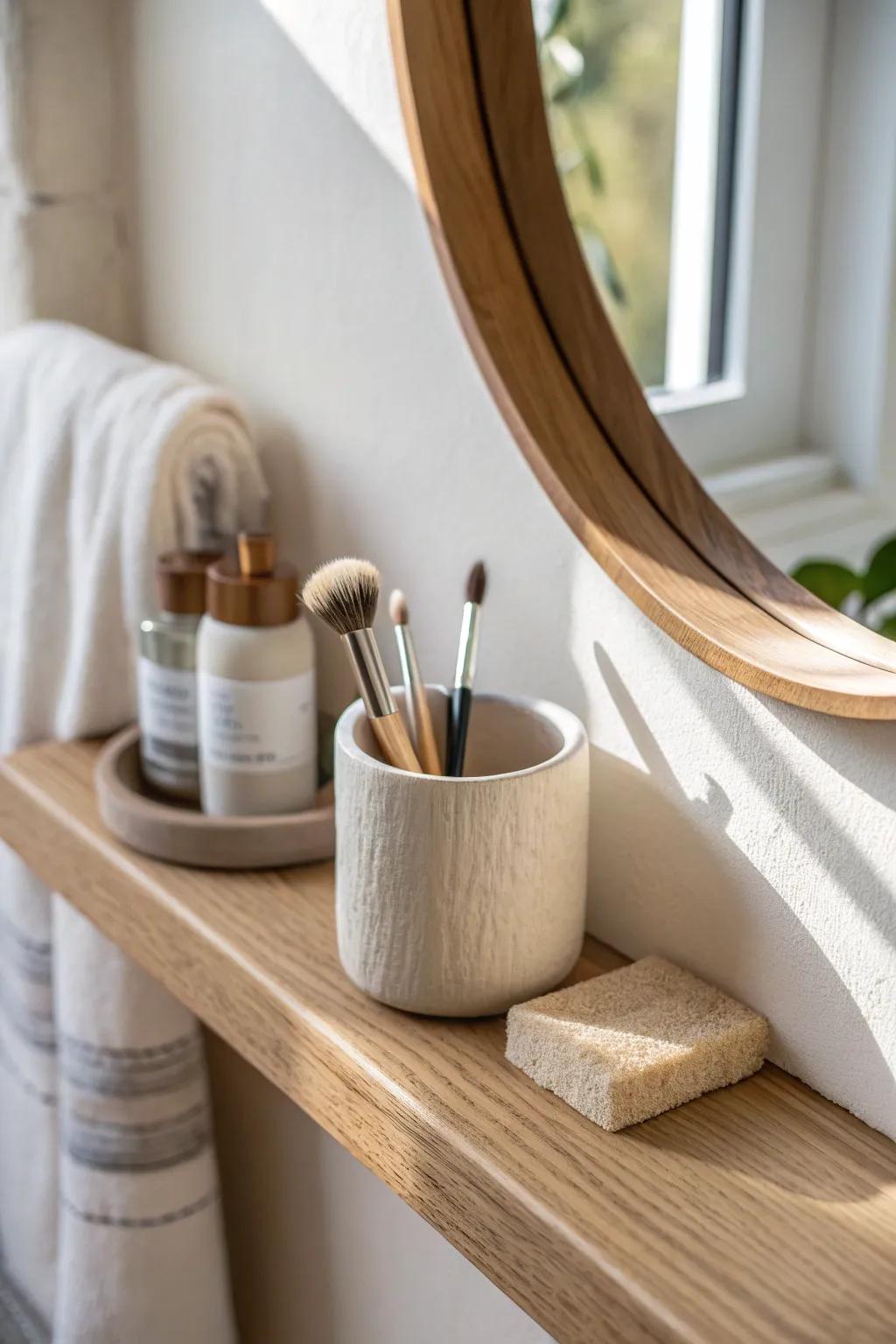 A tiny oak ledge + one ceramic brush cup = the prettiest makeup prep nook for small baths.