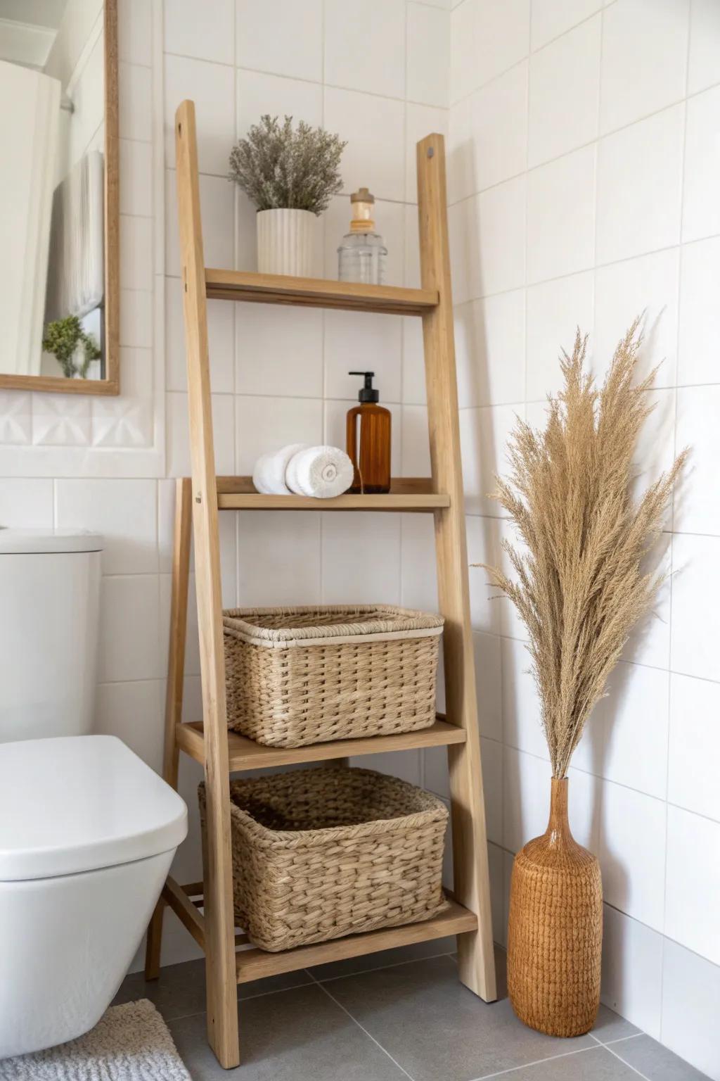 Over-the-toilet shelves add vertical storage—style the top, stash extras in woven baskets.