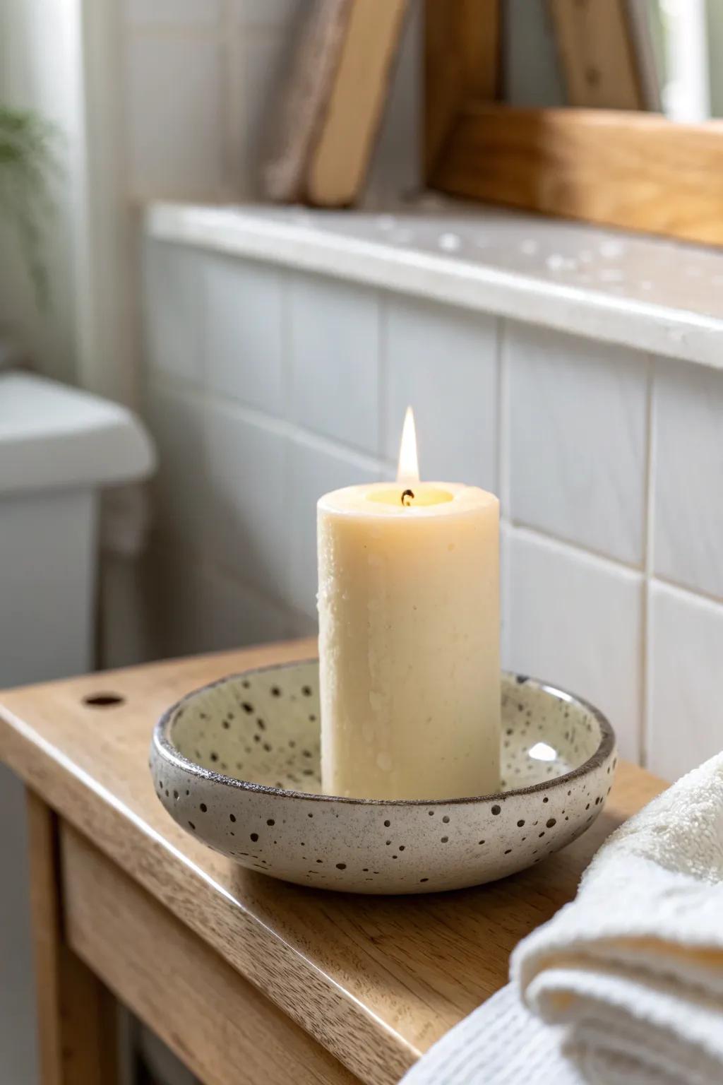 A single candle on a handmade dish adds instant cozy spa vibes to any tiny shelf.