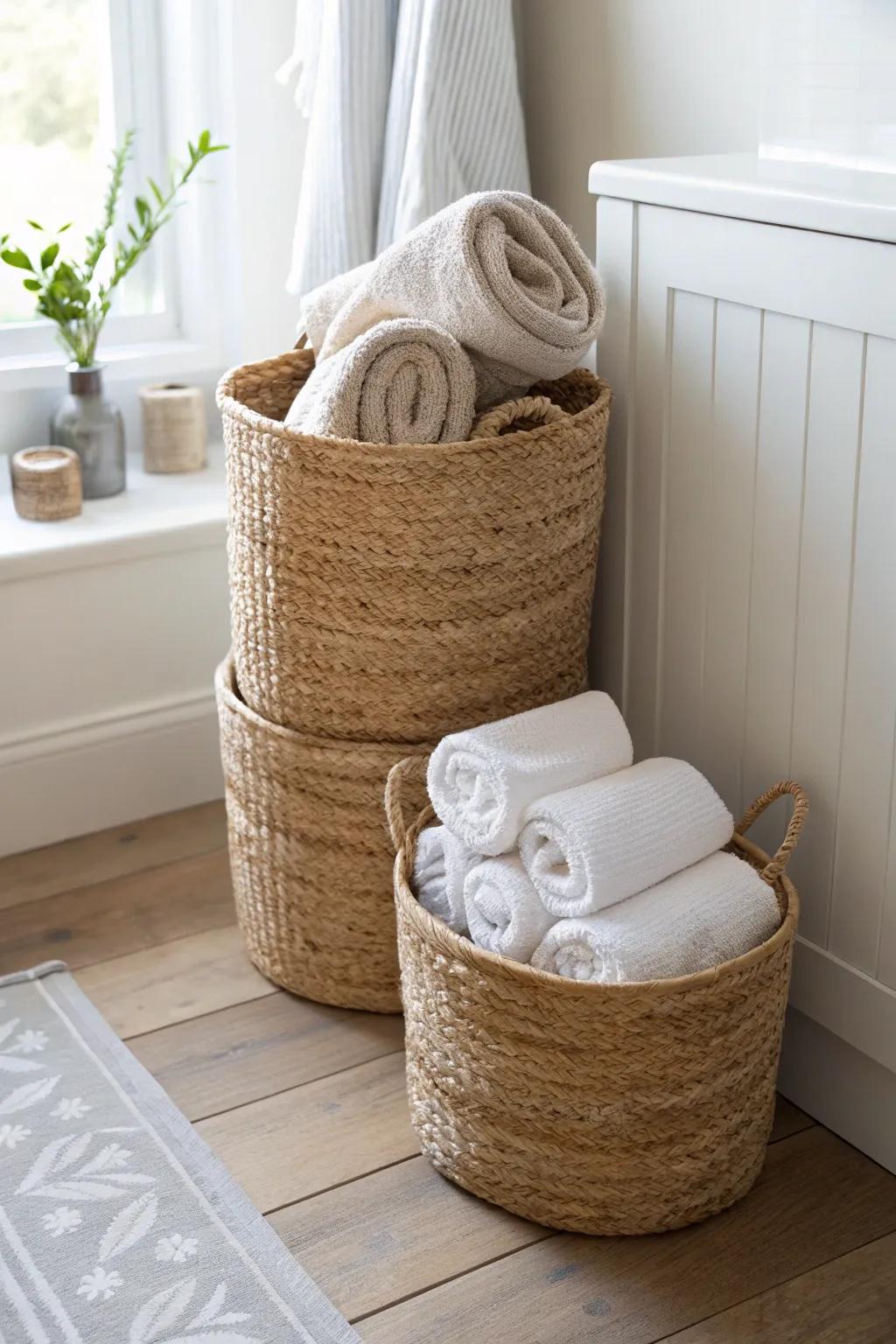 Stacked woven baskets turn a tight bathroom corner into chic vertical towel storage.
