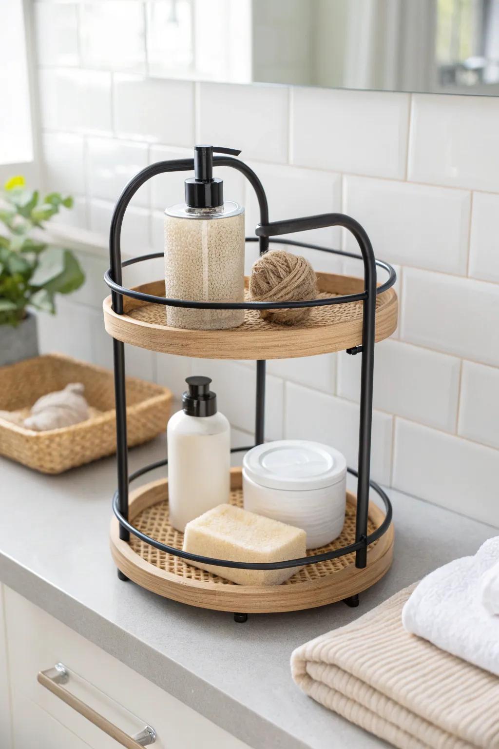 Two tiers, twice the space—keep daily essentials up top and backups neatly tucked below.