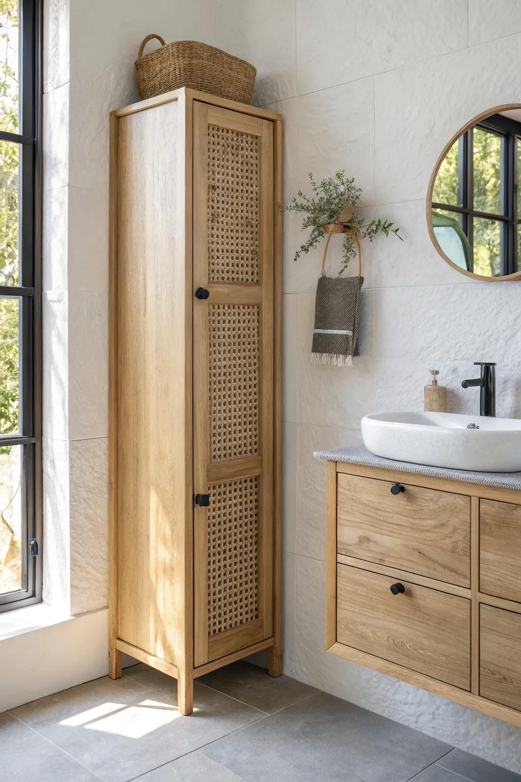 A floating vanity tower adds storage without visual weight—perfect for tiny bathrooms.