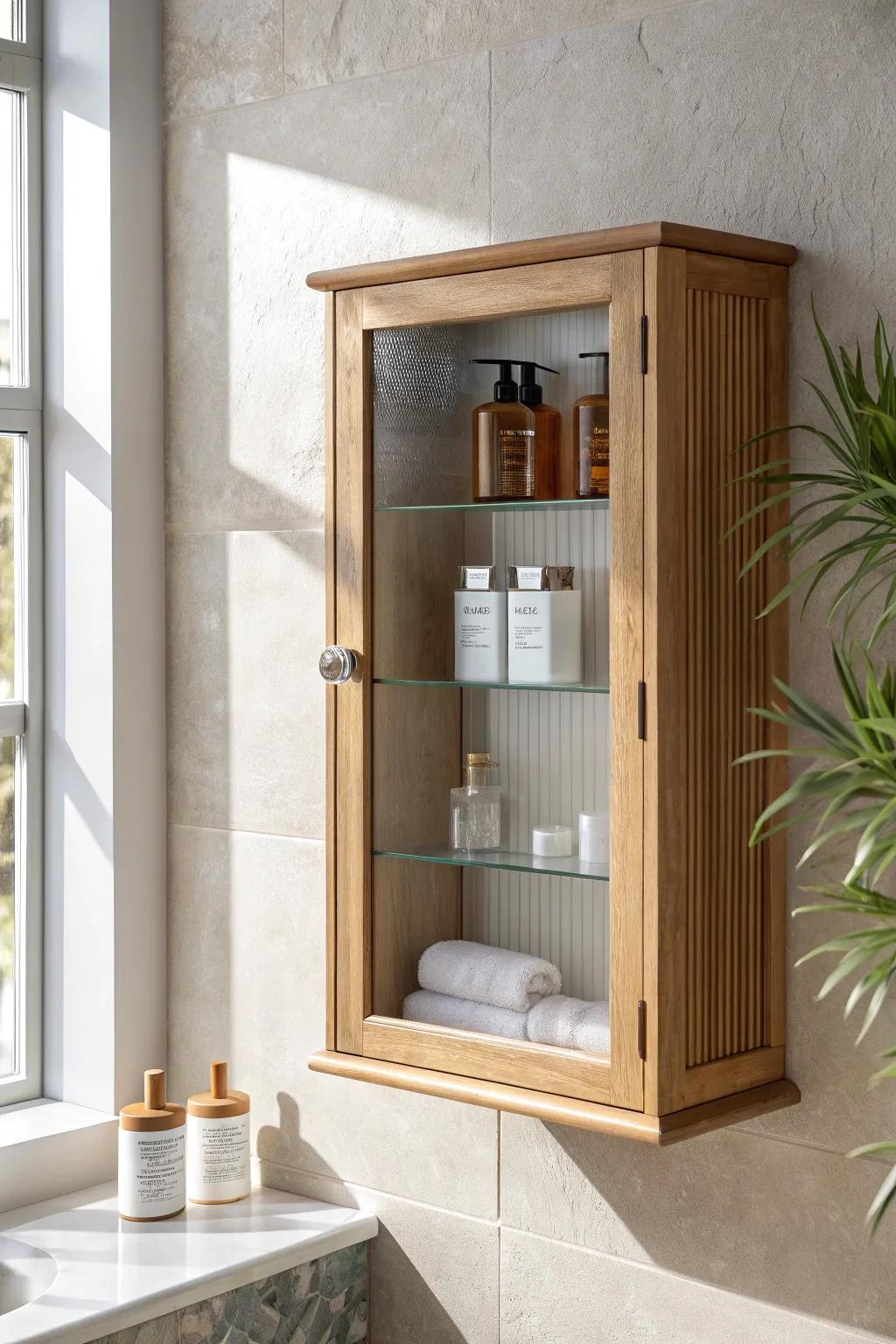 An airy glass-front wall cabinet that keeps your bathroom essentials tidy and beautifully on display.