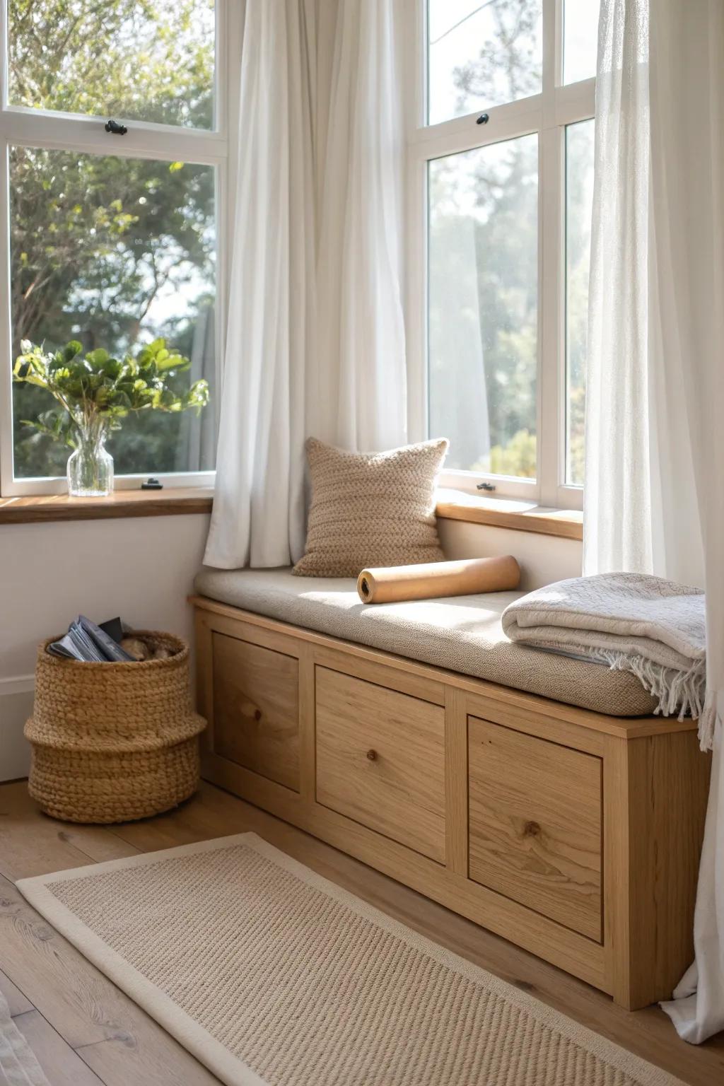 Turn bay window angles into chic triangular storage for wrapping paper and yoga mats.