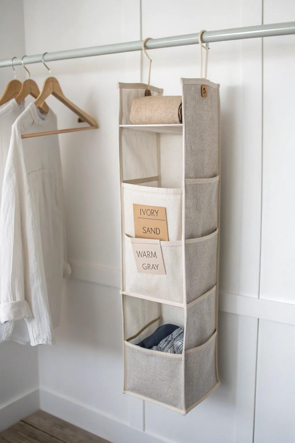 Neat linen hanging organizer turns a closet corner into grab-and-go sheet storage.