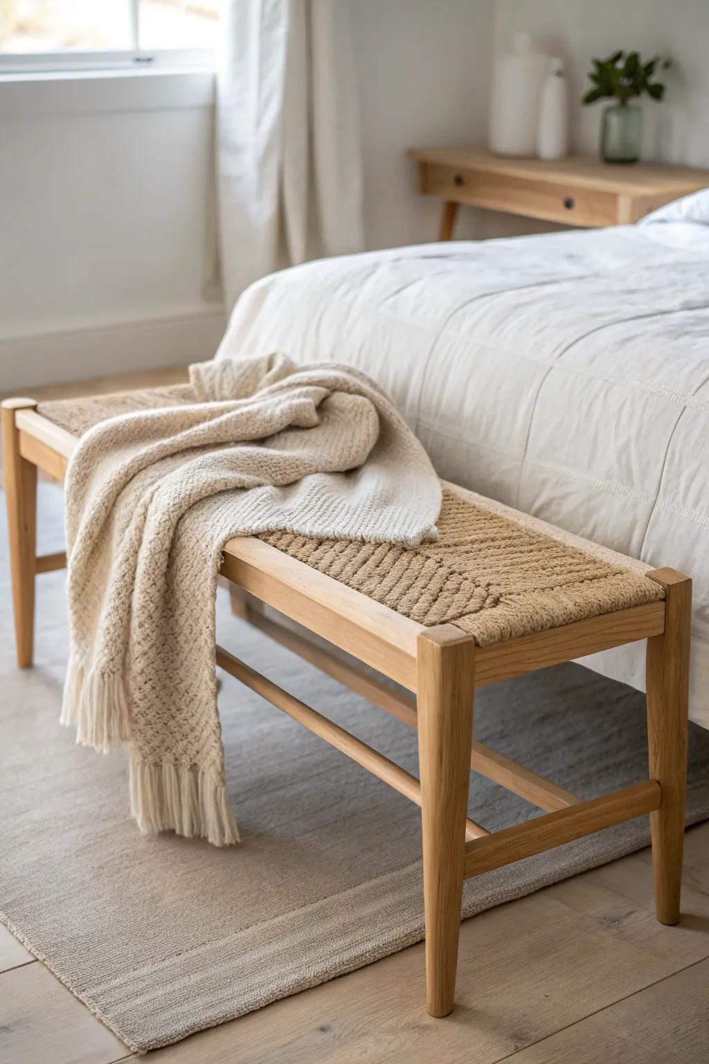 A cozy bedroom bench: one neutral throw drape adds effortless texture without visual clutter.
