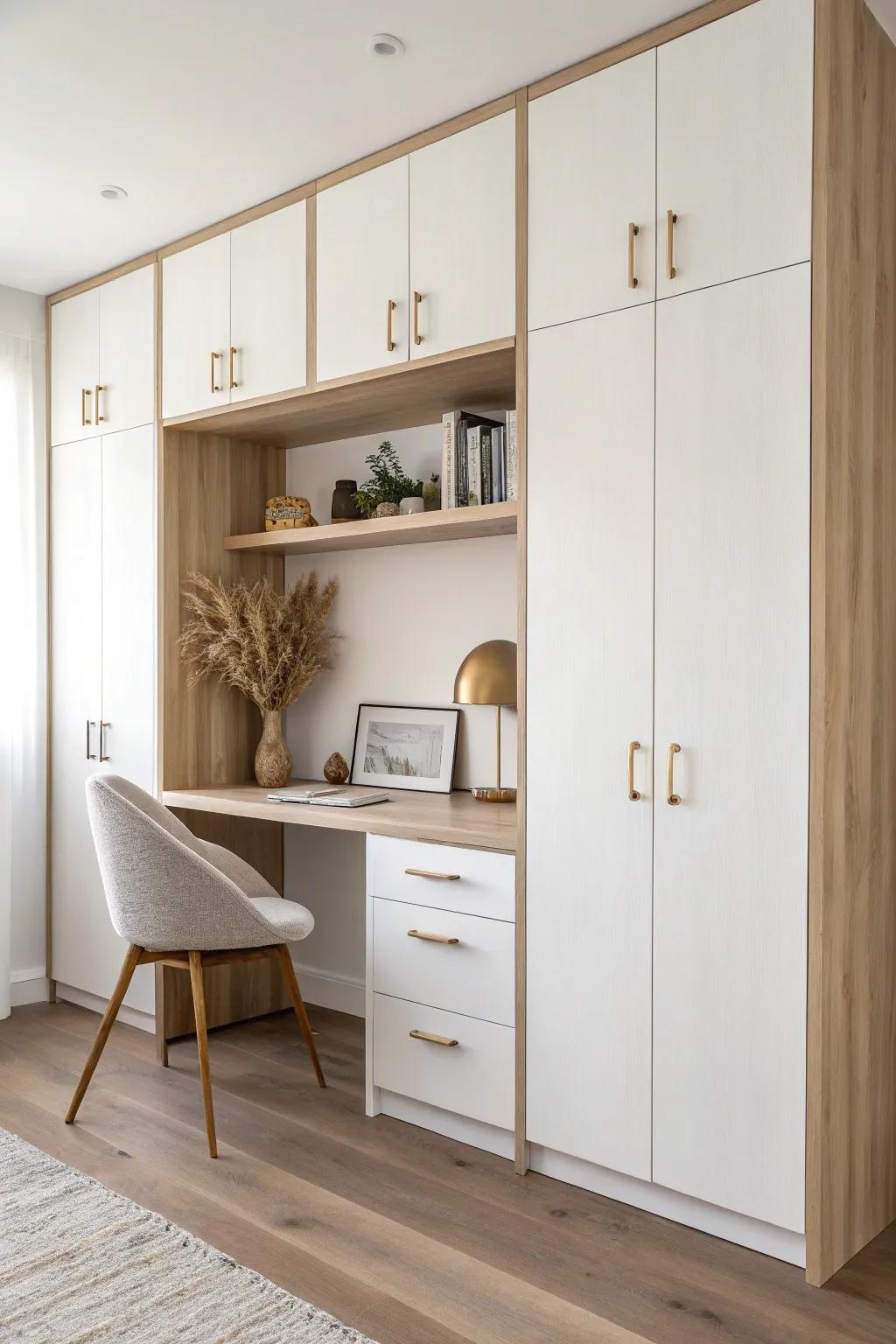 Built-in wardrobe with a desk cut-in—storage and workspace in one sleek small-bedroom solution.