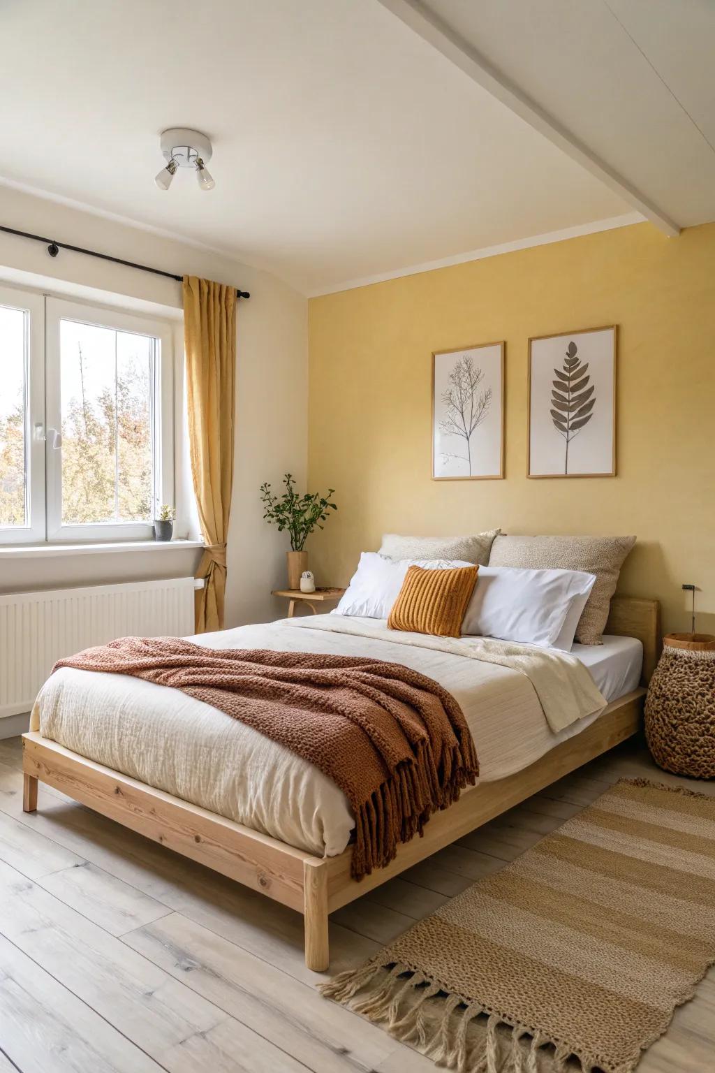Butter yellow walls brighten small bedrooms—pair with cream linen and warm wood for glow.