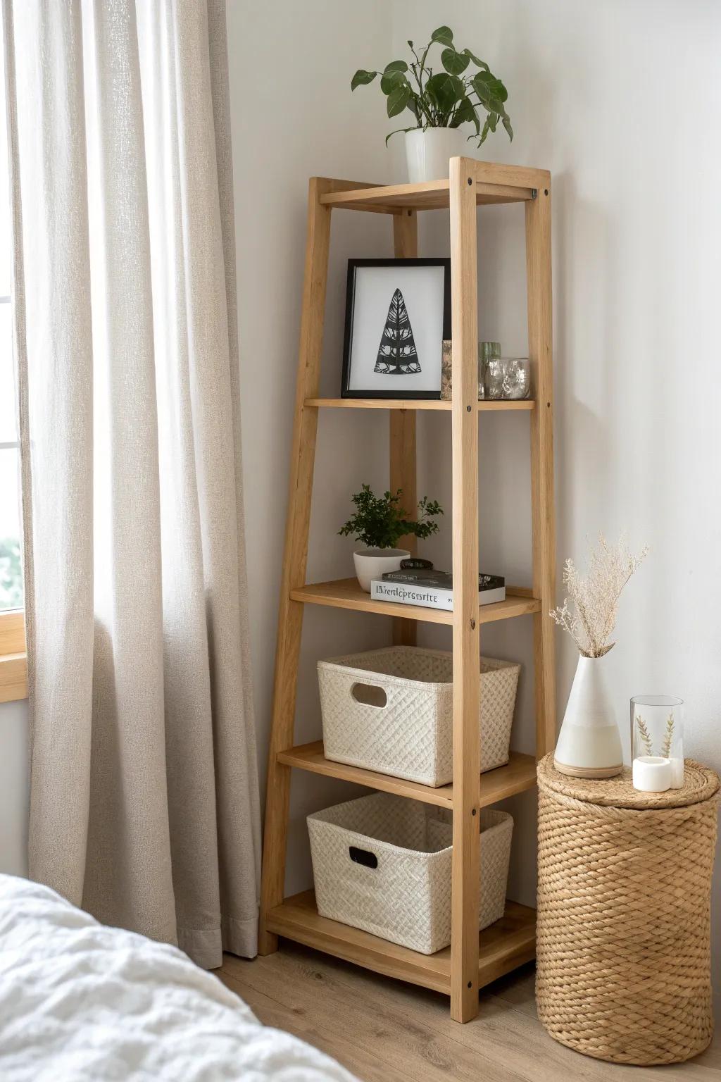 Open corner shelves for plants and photos, plus woven bins below to hide everyday clutter.