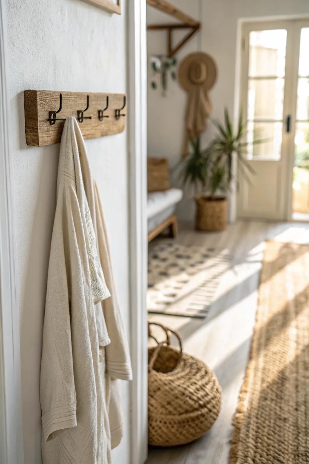 A simple wall hook at bedroom height keeps robes and tomorrow’s outfit off the floor—instantly.