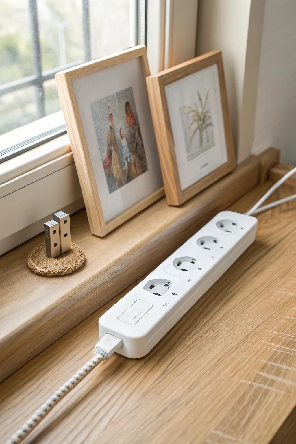 Hide a slim charging strip behind frames on your bedroom ledge for a cord-free nightstand.