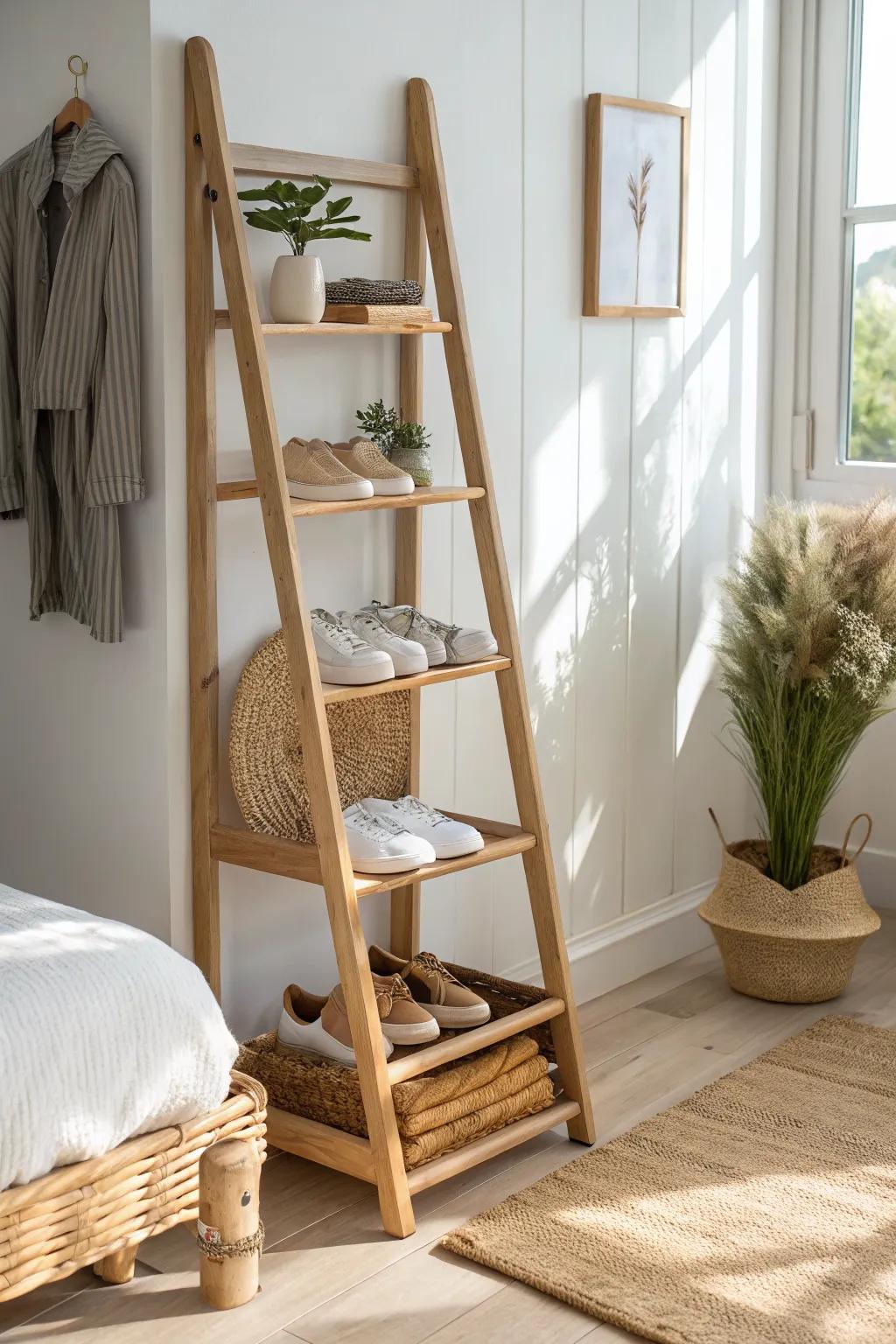 Turn an awkward corner into a chic shoe display with a slim ladder rack.