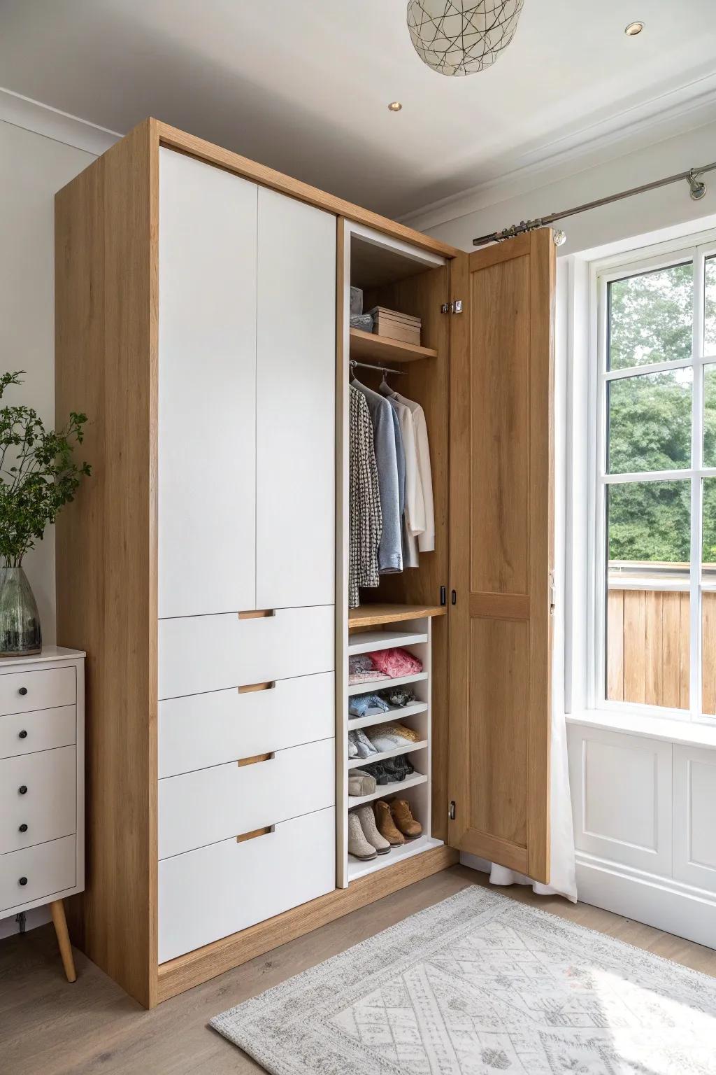Drawer stacks keep folded clothes visible and tidy—perfect for small-bedroom wardrobe interiors.