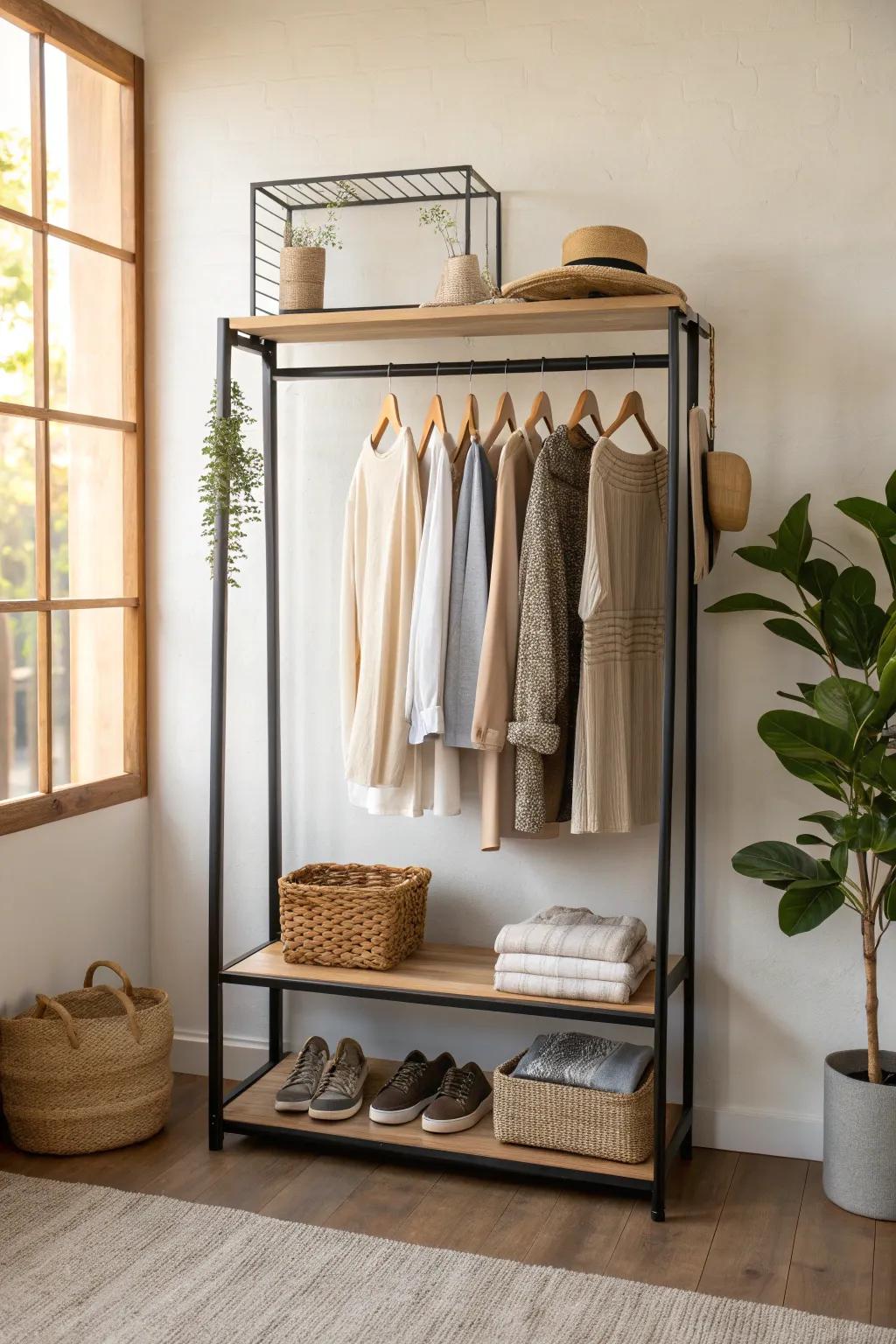 Boutique-style open wardrobe wall—matching hangers, breathing room, and warm oak details.